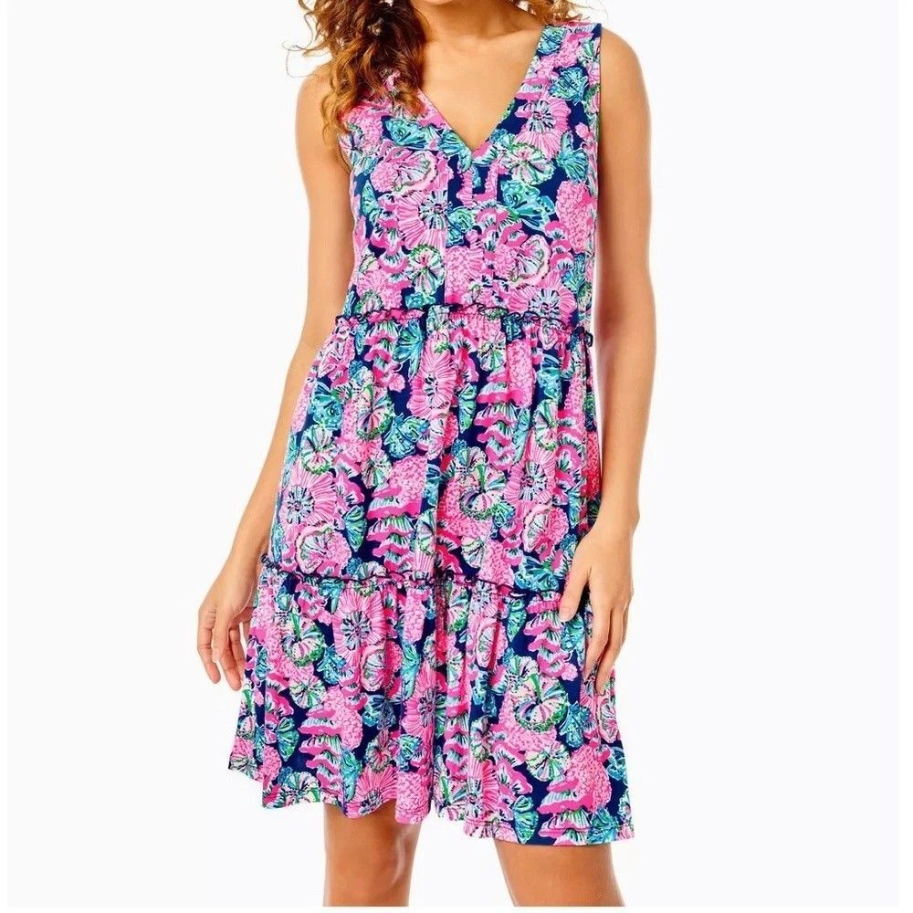 Lilly Pulitzer Lorina Swing Mini Dress Sea Print Cotton Tiered Cotton XL 288328
